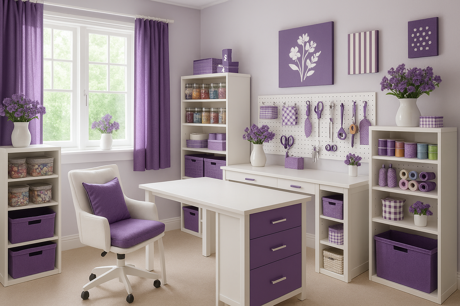 a beautiful craft room that is decorated  in purple and white.
