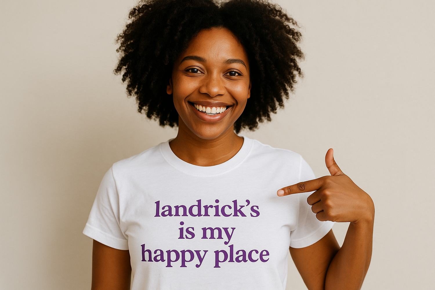 change to text to purple and make Landrick's lower case.  the lady should be pointing to the caption on the shirt.
