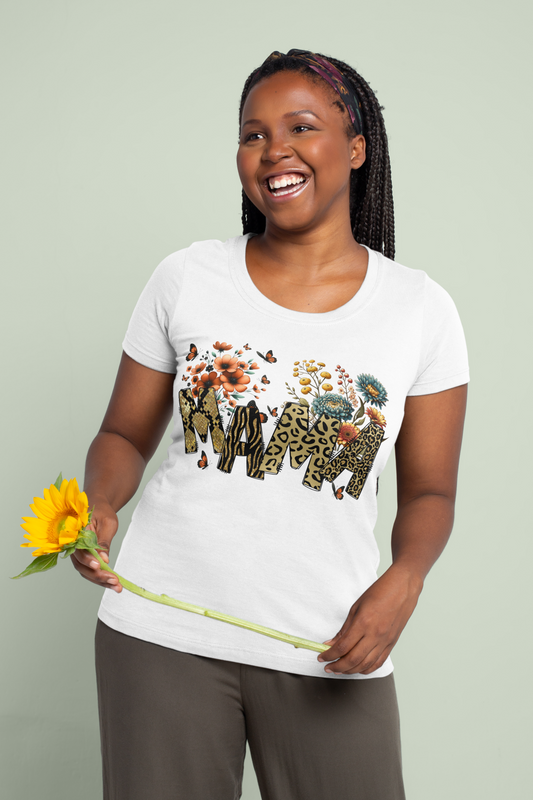 Woman wearing a white t-shirt with animal-themed design holding a sunflower against a light green background
